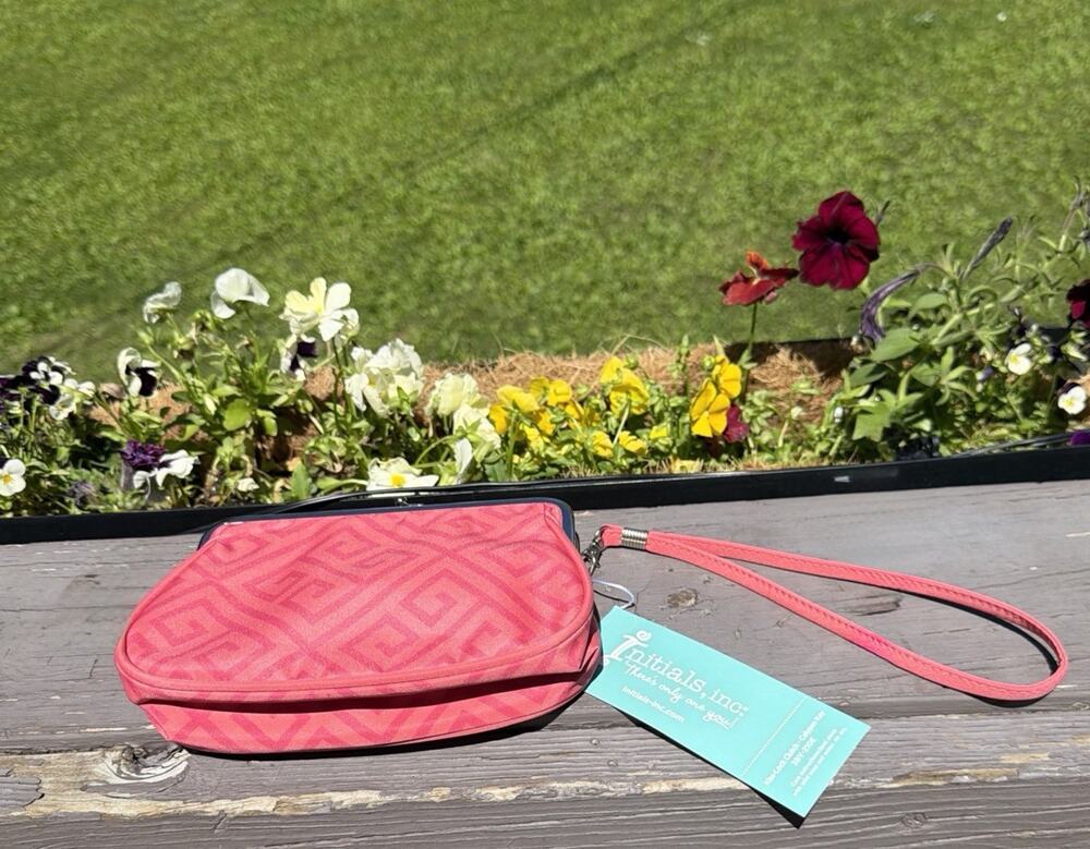 NWT Initials Inc Coral Pink Geometric Wristlet Kiss Lock Clutch Wallet Bag